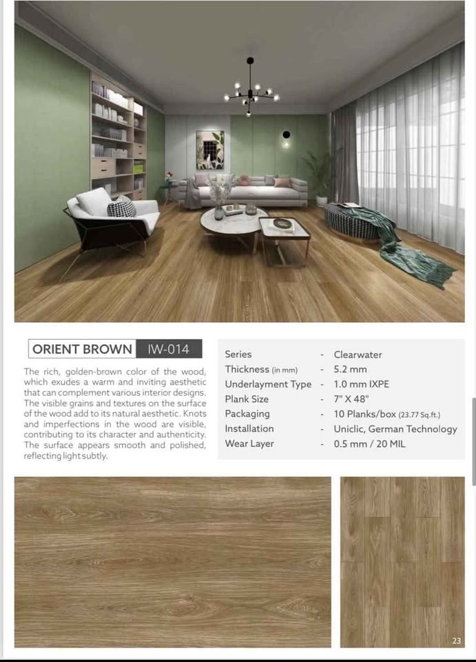 Orient Brown 7x48 - Clearwater - Luxury Vinyl Plank Flooring, IW014, 20mil, 4.2mm + 1mm IXPE, 23.79 sf, 44 lbs, 10 pcs, $1.49/sqft