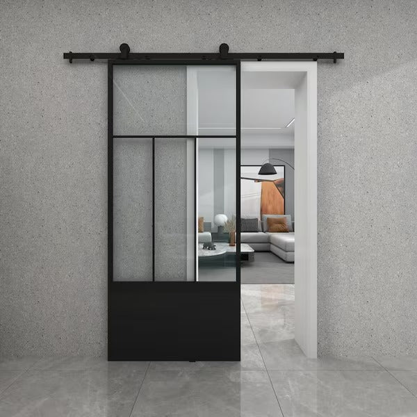 Division 37 in. x 84 in. 3/4 Lite Clear Glass Black Metal Finish Sliding Barn Door with Hardware Kit, [FB296]