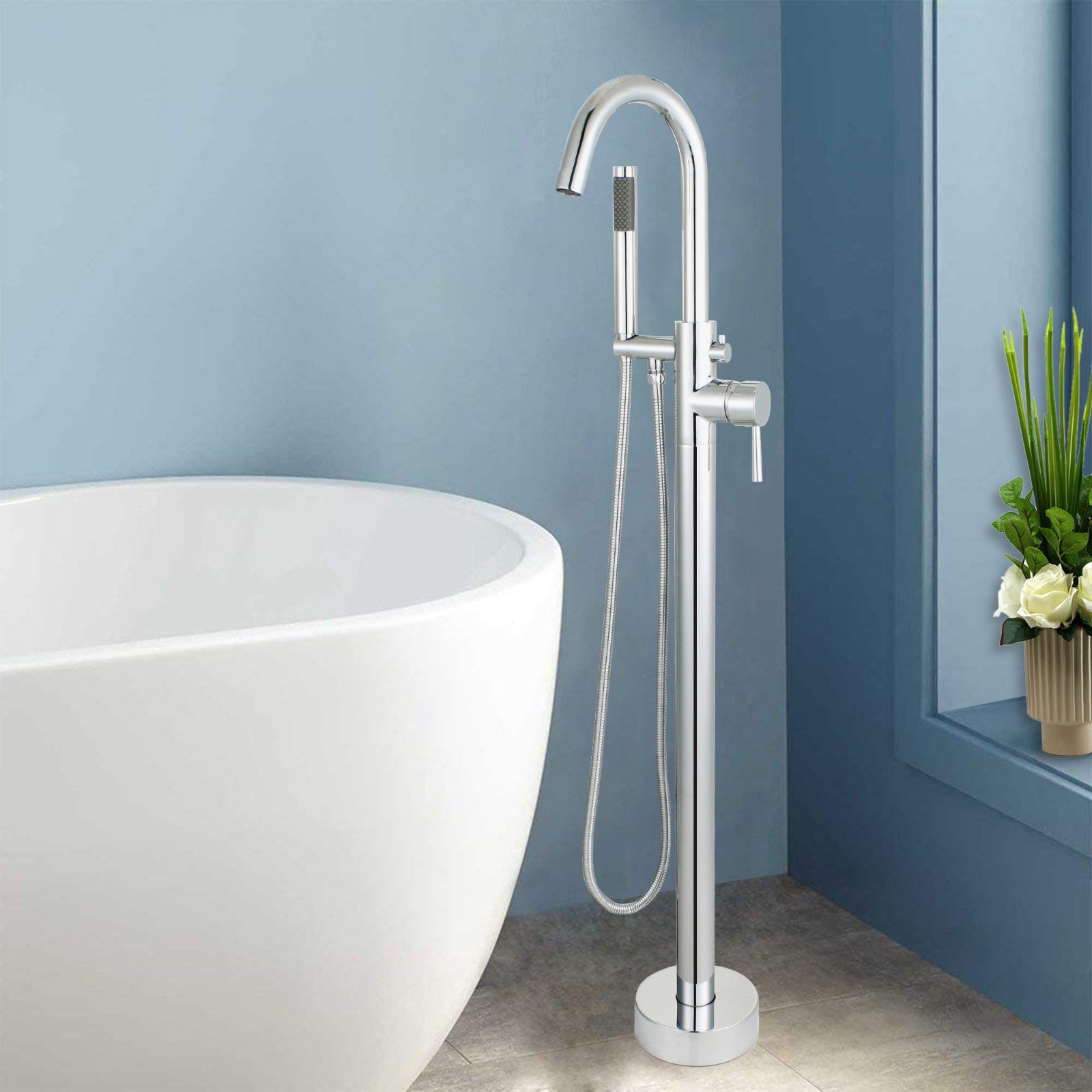 Woodbridge Freestanding Tub Faucet Bathtub in Chrome with Hand Shower