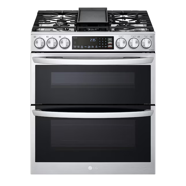 LG 30-in 5 burners 2.6-cu ft / 4.3-cu ft Air Fry Convection Oven Freestanding Double Oven Gas Range (PrintProof Stainless Steel), LTGL6937F/00 *JR2508, Retail: $3,799.00, FINAL PRICE: $1,799.99 + TAX