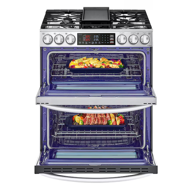 LG 30-in 5 burners 2.6-cu ft / 4.3-cu ft Air Fry Convection Oven Freestanding Double Oven Gas Range (PrintProof Stainless Steel), LTGL6937F/00 *JR2508, Retail: $3,799.00, FINAL PRICE: $1,799.99 + TAX