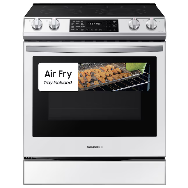 Samsung 30-in Glass Top 5 Burners 6.3-cu ft Self-Cleaning Air Fry Slide-in Smart Electric Range (White Glass)