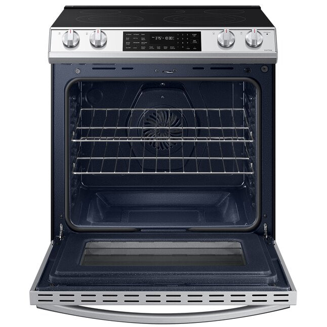 Samsung 30-in Glass Top 5 Burners 6.3-cu ft Self-Cleaning Air Fry Slide-in Smart Electric Range (White Glass)