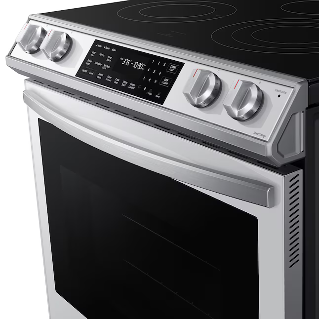 Samsung 30-in Glass Top 5 Burners 6.3-cu ft Self-Cleaning Air Fry Slide-in Smart Electric Range (White Glass)