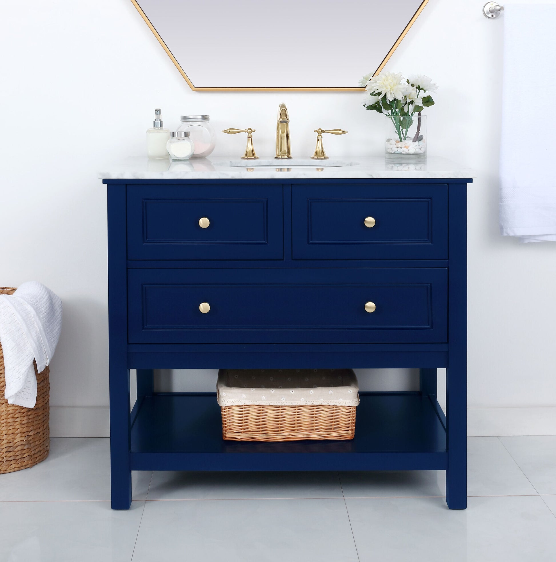 Ever Living Karly 36-Inch Single Sink Vanity in Blue with a Italian Carrara White Marble Countertop, VF27036BL