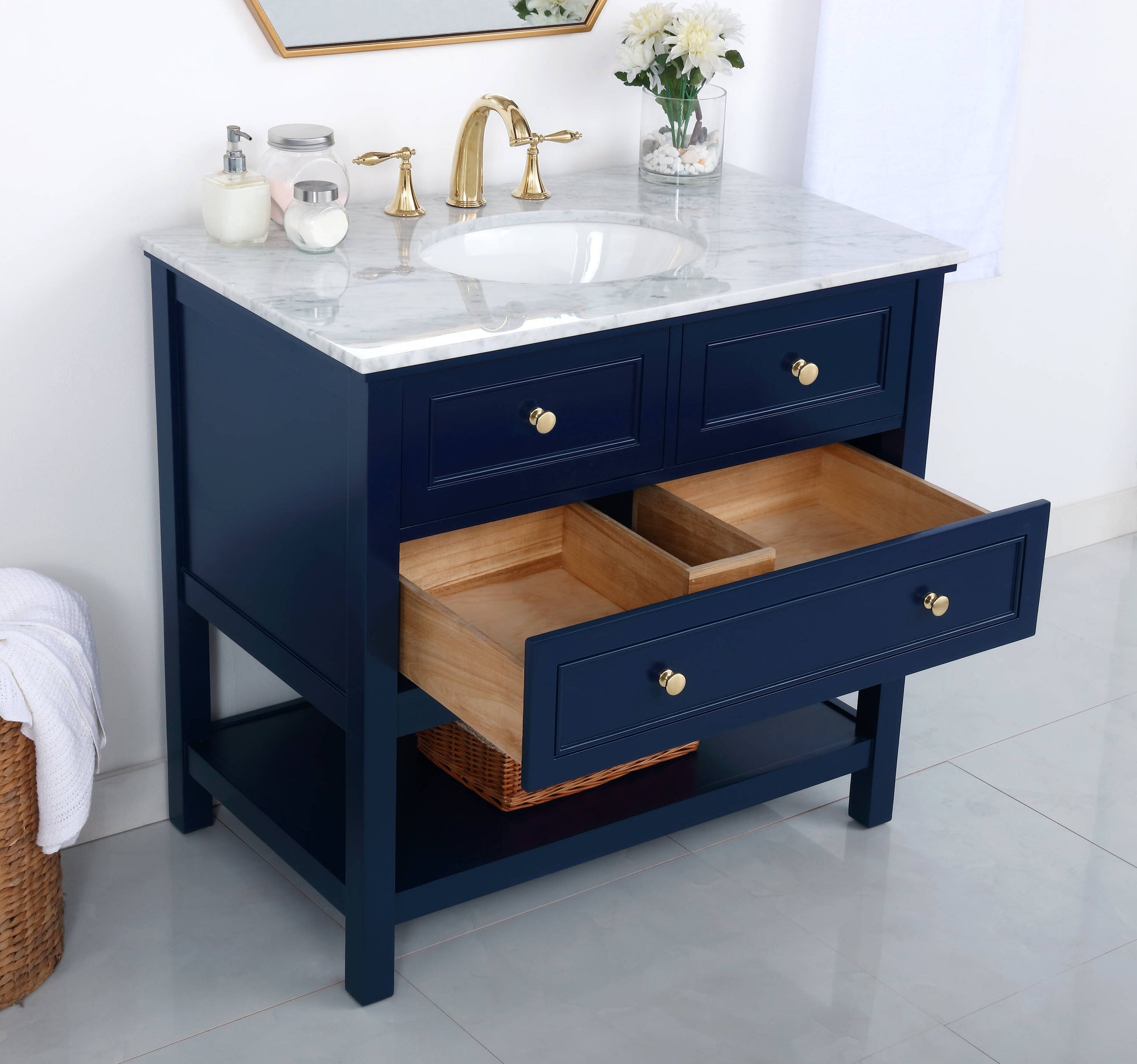 Ever Living Karly 36-Inch Single Sink Vanity in Blue with a Italian Carrara White Marble Countertop, VF27036BL