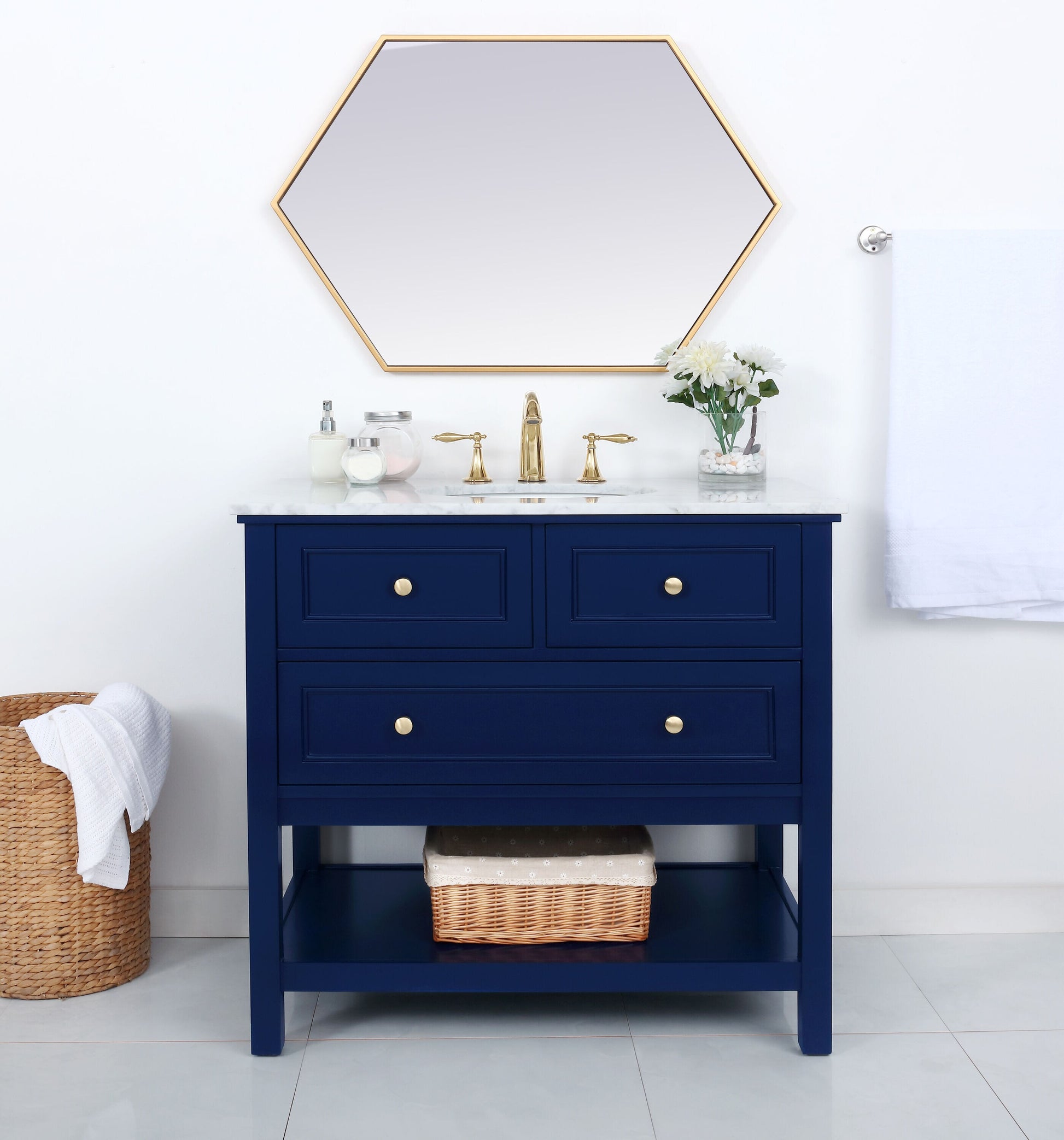 Ever Living Karly 36-Inch Single Sink Vanity in Blue with a Italian Carrara White Marble Countertop, VF27036BL