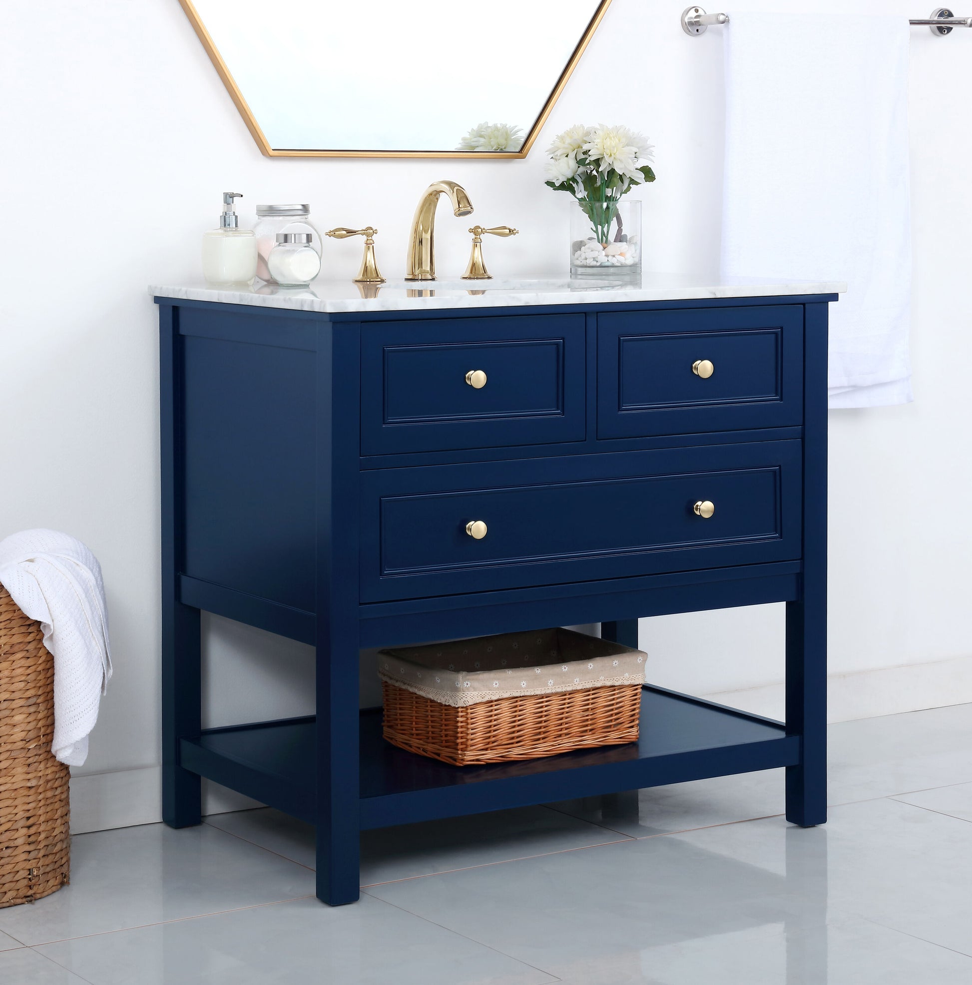 Ever Living Karly 36-Inch Single Sink Vanity in Blue with a Italian Carrara White Marble Countertop, VF27036BL