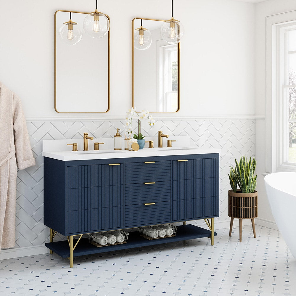 *ASSEMBLY REQUIRED* Summit Lane Calletano 60-in Navy Blue Undermount Double Sink Bathroom Vanity with White Quartz Top, SL60CTV, [FB234], MSRP: $2,149.00, Final Price: $899.99 + Tax