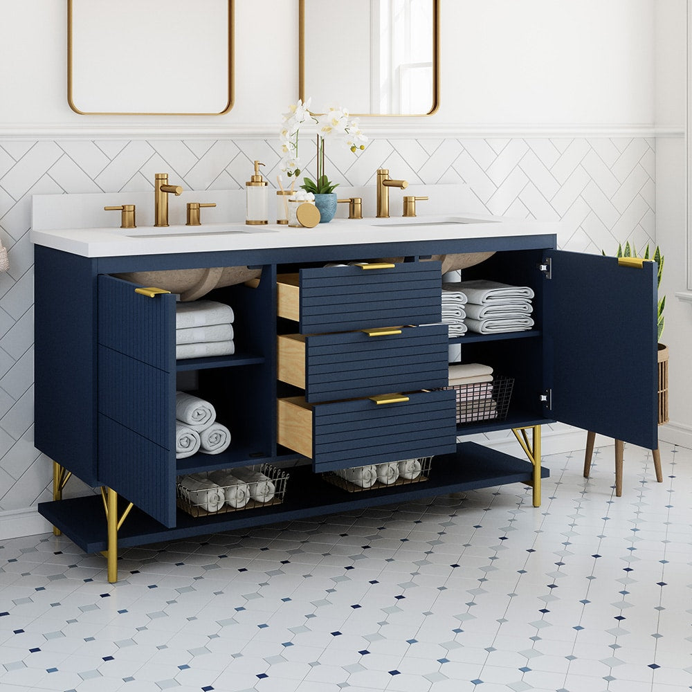 *ASSEMBLY REQUIRED* Summit Lane Calletano 60-in Navy Blue Undermount Double Sink Bathroom Vanity with White Quartz Top, SL60CTV, [FB234], MSRP: $2,149.00, Final Price: $899.99 + Tax