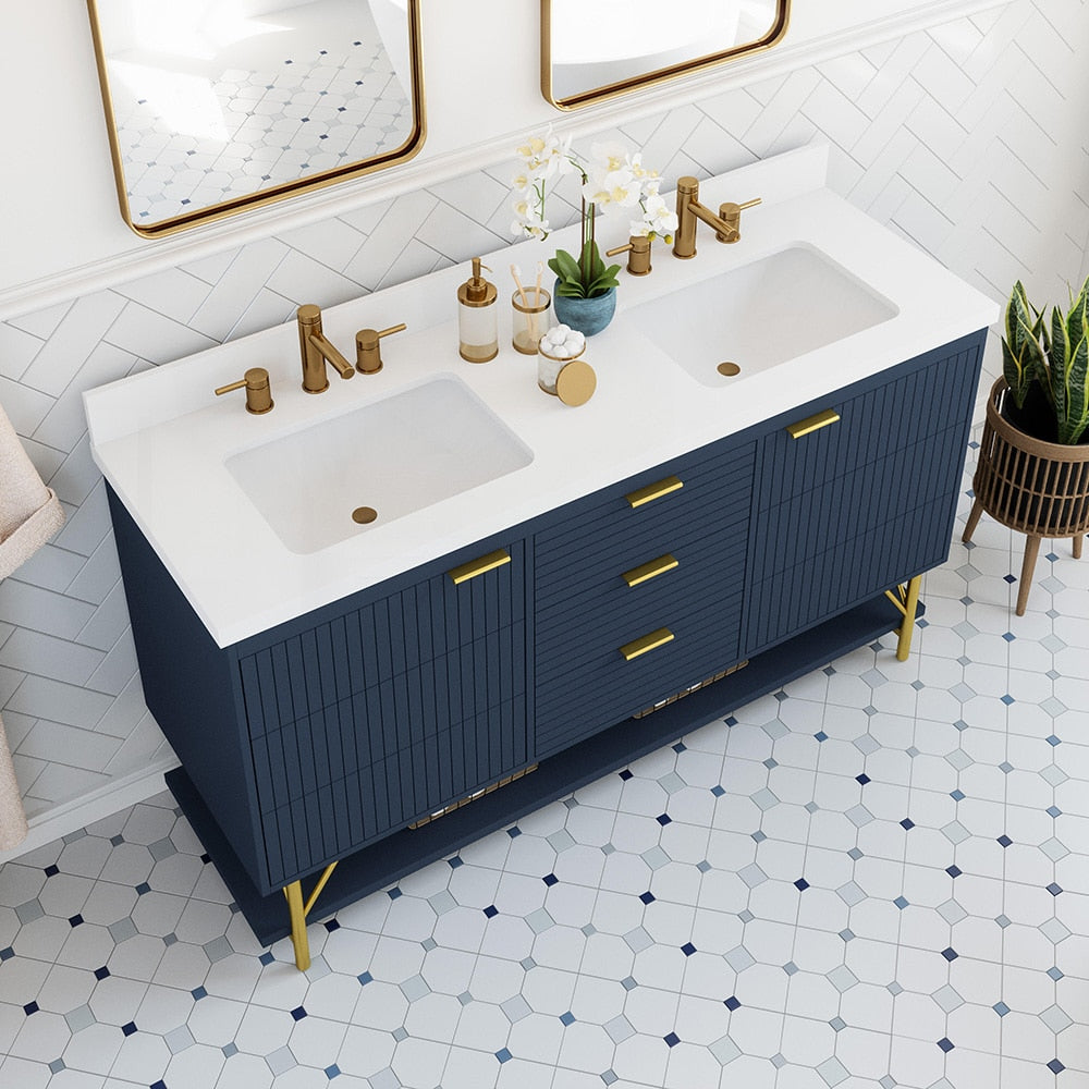 *ASSEMBLY REQUIRED* Summit Lane Calletano 60-in Navy Blue Undermount Double Sink Bathroom Vanity with White Quartz Top, SL60CTV, [FB234], MSRP: $2,149.00, Final Price: $899.99 + Tax