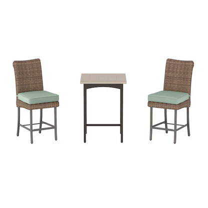 allen + roth Isla Park 3-Piece Brown Wicker Balcony Height Patio Dining Set Steel Square Table with 2 Green Cushions Stationary Chairs, FTS81390DH   5106764 *HD2409, Retail: $199.20, FINAL PRICE: $119.99 + TAX