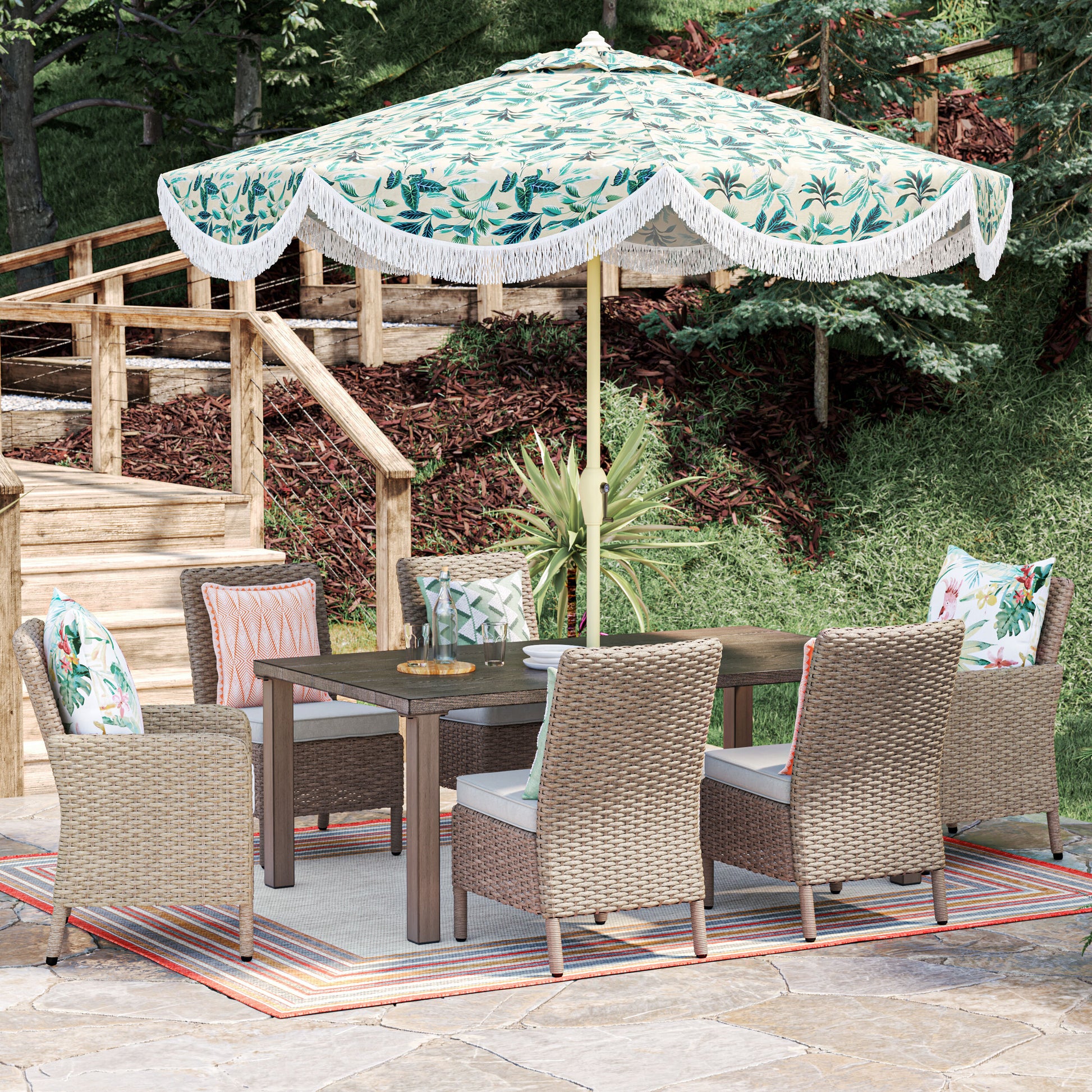 Alpine Reserve Emerald Cove Set of 4 Wicker Brown Steel Frame Stationary Dining Chair with Cream Cushioned Seat