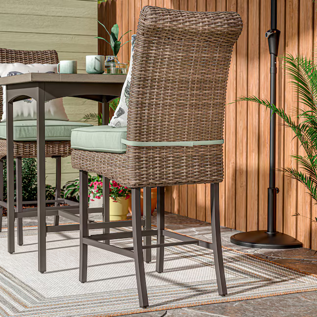 Alpine Reserve Isla Park 3-Piece Brown Wicker Counter Height Steel Square Table with 2 Green Cushions Stationary Chairs, FTS81390DH *HD2509, Retail: $498.00, FINAL PRICE: $299.99 + TAX