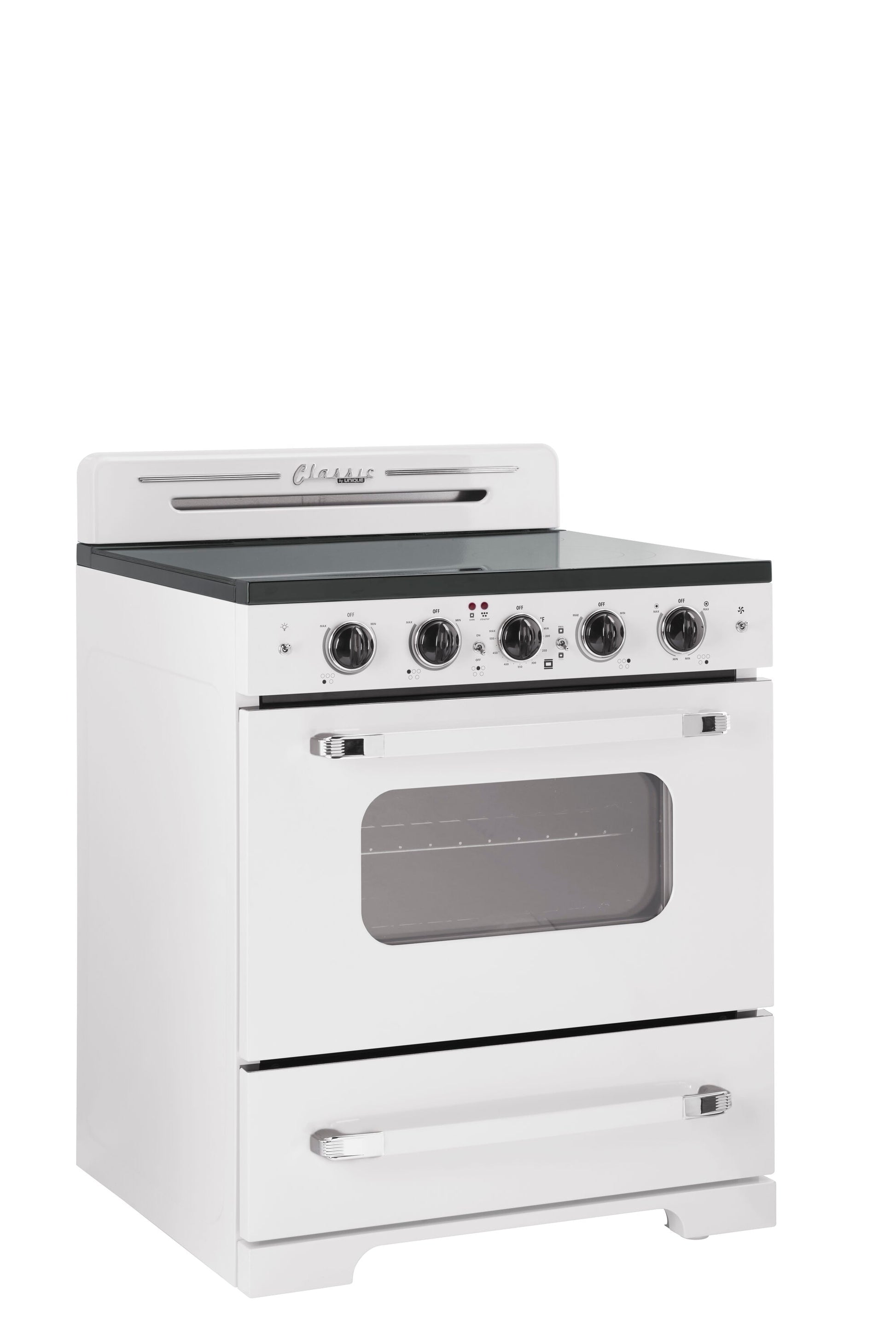 UNIQUE Classic Retro by Unique Classic Retro 30-in Glass Top 5 burners 3.9-cu ft Convection Oven Freestanding Electric Range with WipeClean Coating ( Marshmallow White )