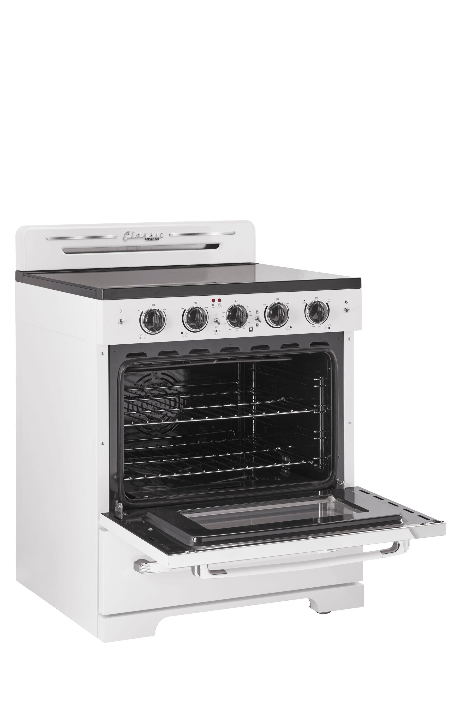 UNIQUE Classic Retro by Unique Classic Retro 30-in Glass Top 5 burners 3.9-cu ft Convection Oven Freestanding Electric Range with WipeClean Coating ( Marshmallow White )