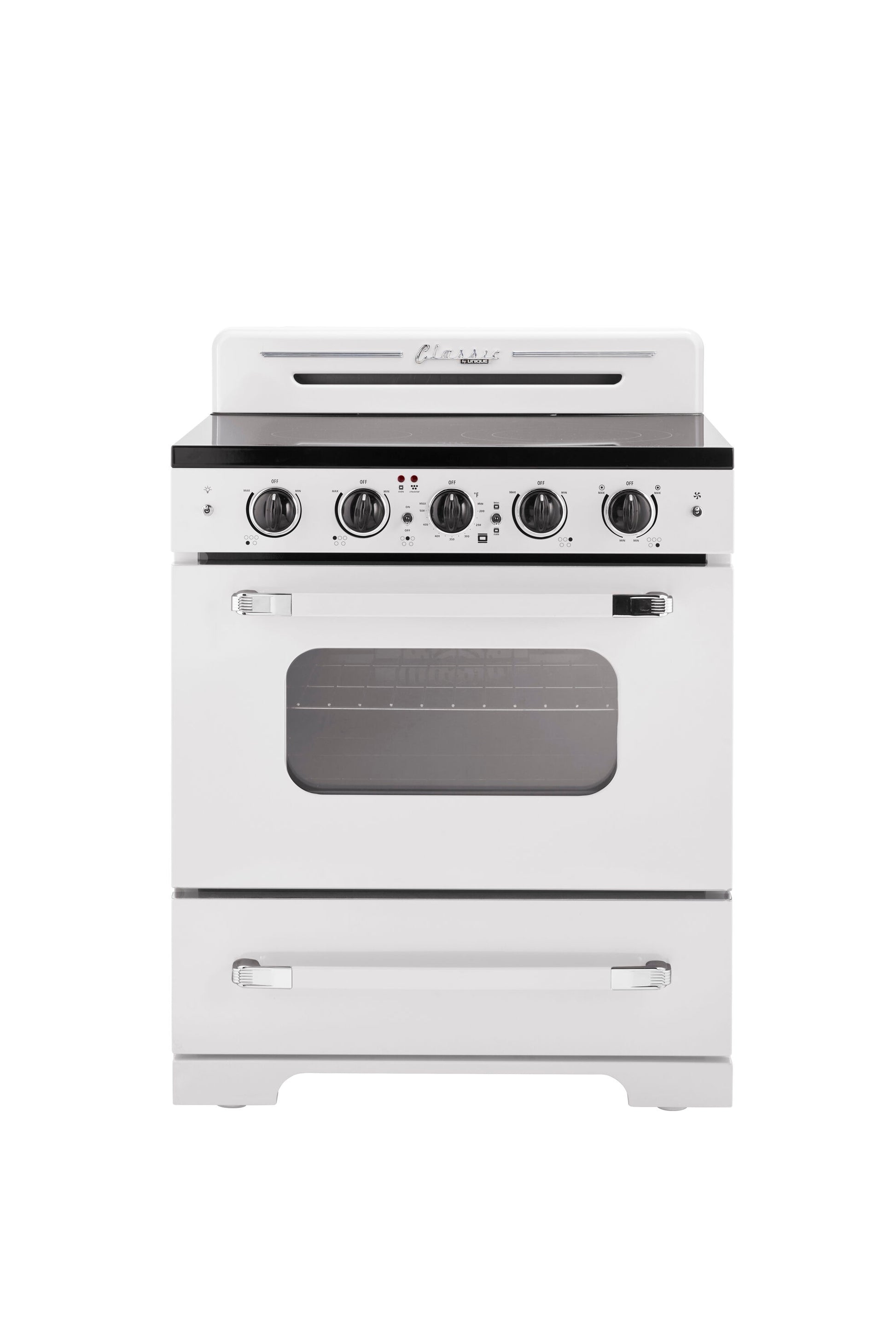 UNIQUE Classic Retro by Unique Classic Retro 30-in Glass Top 5 burners 3.9-cu ft Convection Oven Freestanding Electric Range with WipeClean Coating ( Marshmallow White )