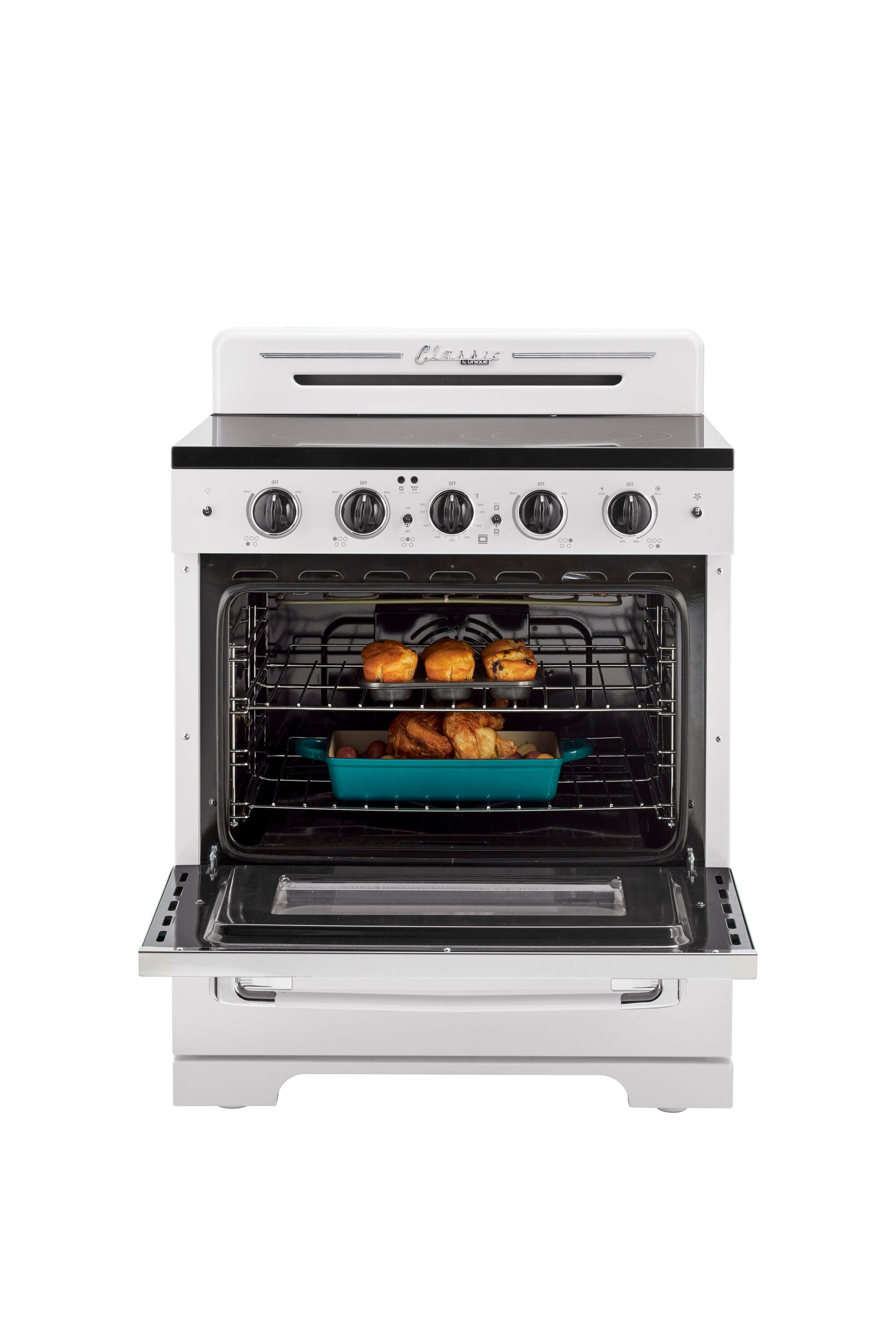 UNIQUE Classic Retro by Unique Classic Retro 30-in Glass Top 5 burners 3.9-cu ft Convection Oven Freestanding Electric Range with WipeClean Coating ( Marshmallow White )