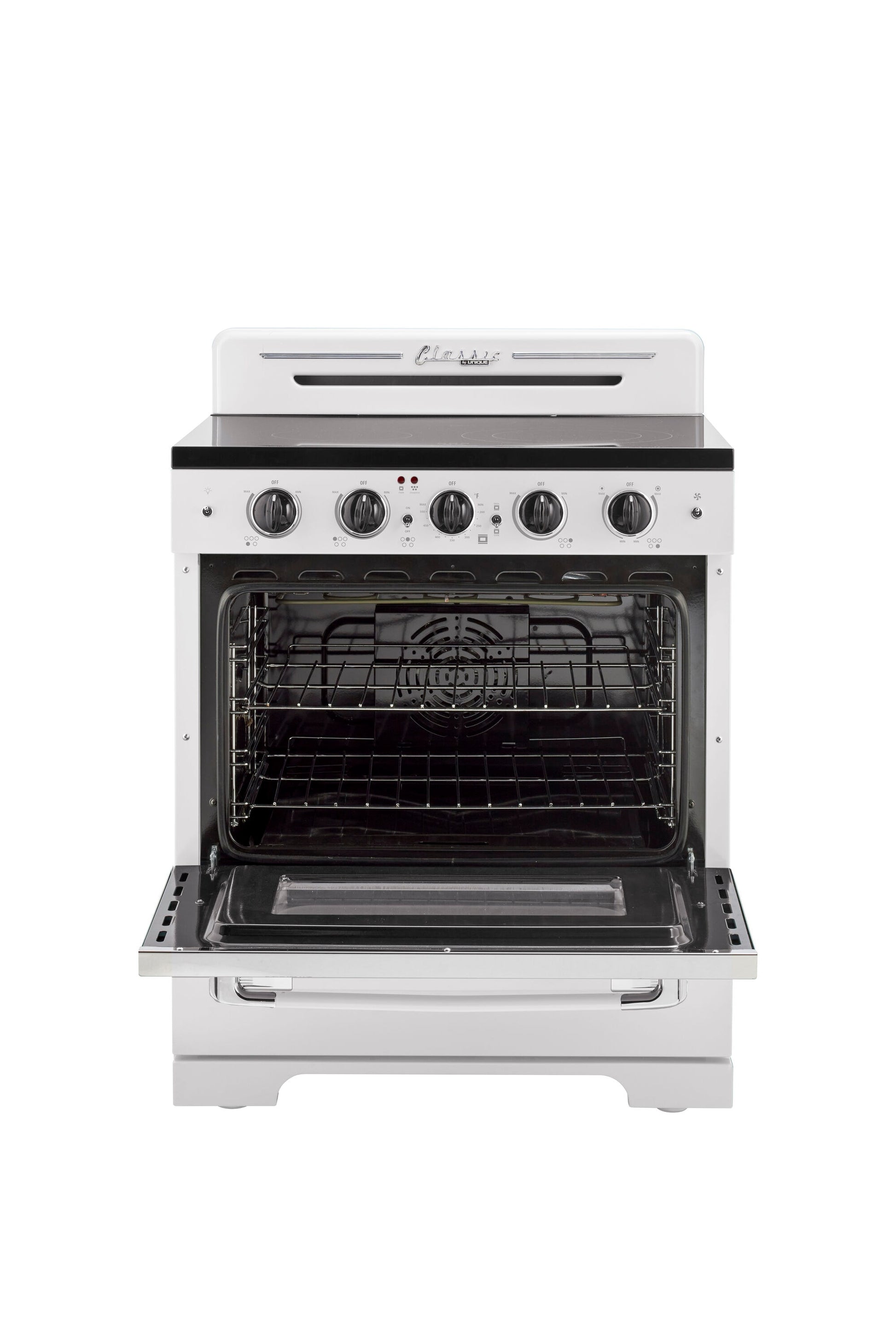 UNIQUE Classic Retro by Unique Classic Retro 30-in Glass Top 5 burners 3.9-cu ft Convection Oven Freestanding Electric Range with WipeClean Coating ( Marshmallow White )