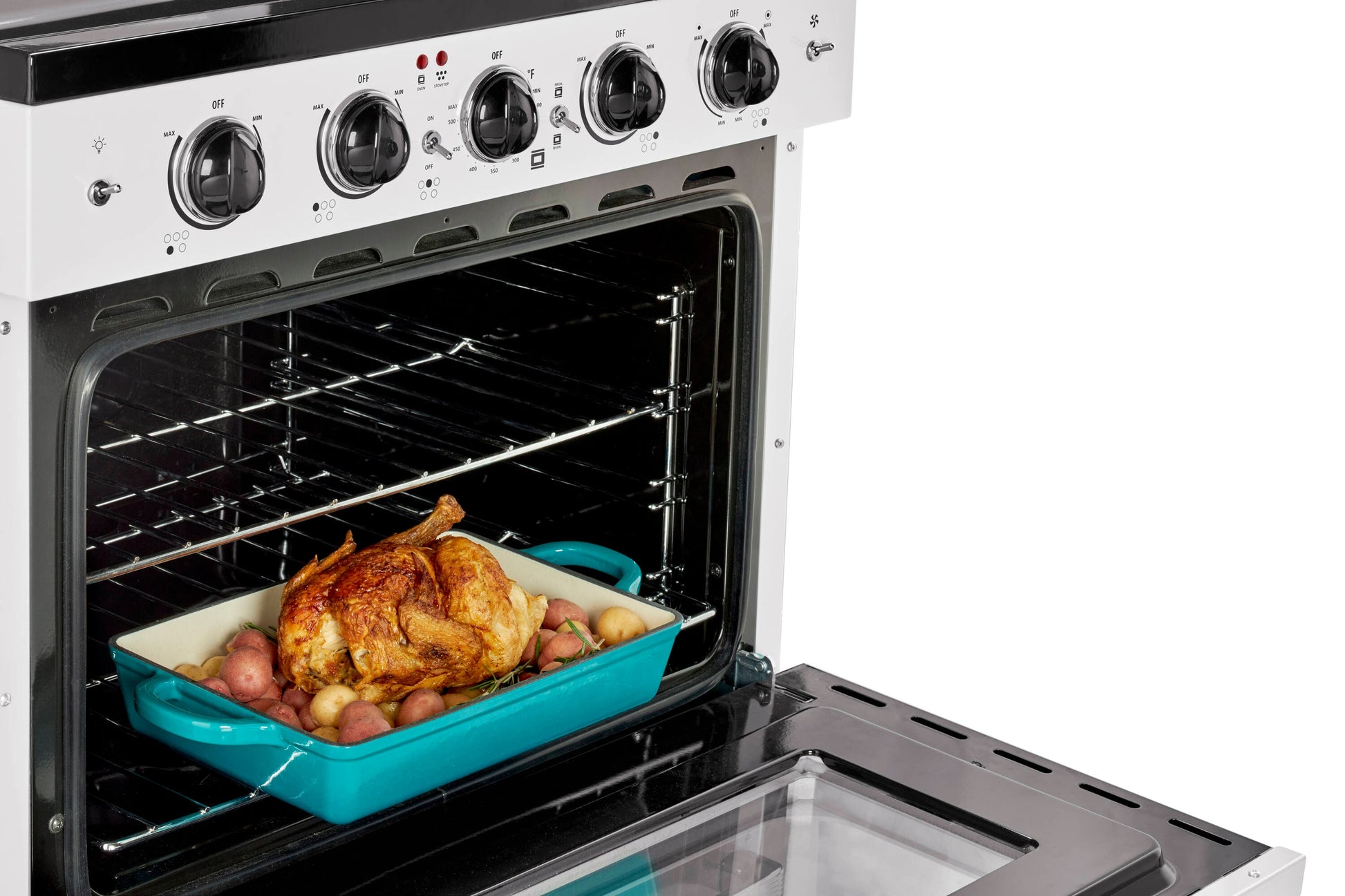 UNIQUE Classic Retro by Unique Classic Retro 30-in Glass Top 5 burners 3.9-cu ft Convection Oven Freestanding Electric Range with WipeClean Coating ( Marshmallow White )