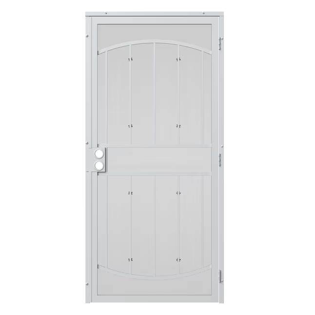 RELIABILT Gibraltar 36-in x 81-in White Steel Surface Mount Universal/Reversible Security Door with Black Screen and Double Bore, 91823032-RB  #5279673 *JR2509, Retail: $214.00, FINAL PRICE: $119.99 + TAX