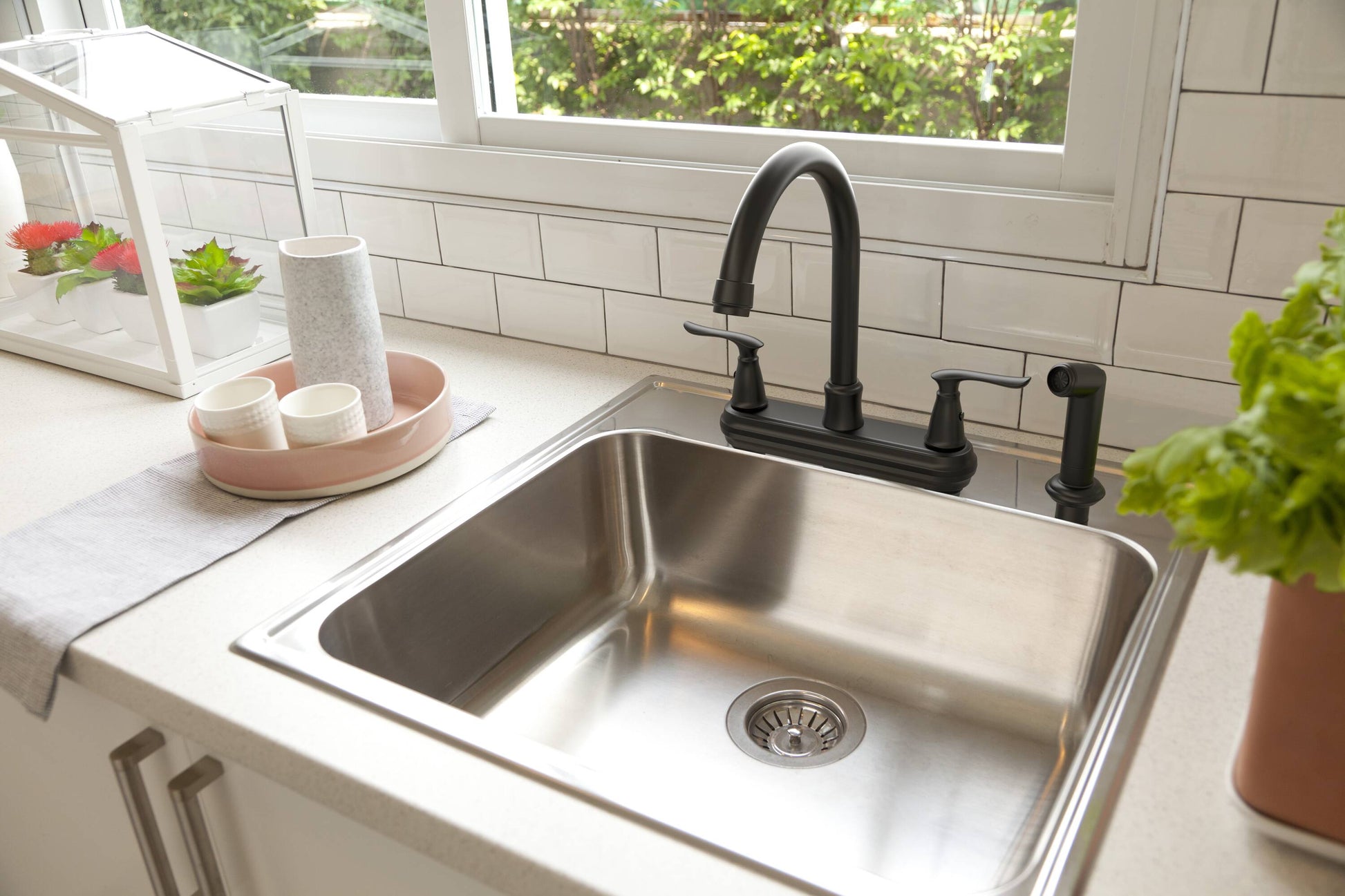 Project Source Laural Matte Black Double Handle Deck-mount Kitchen Faucet (Includes Side Sprayer), RETAIL: $99.00, FINAL PRICE: $54.99 + TAX