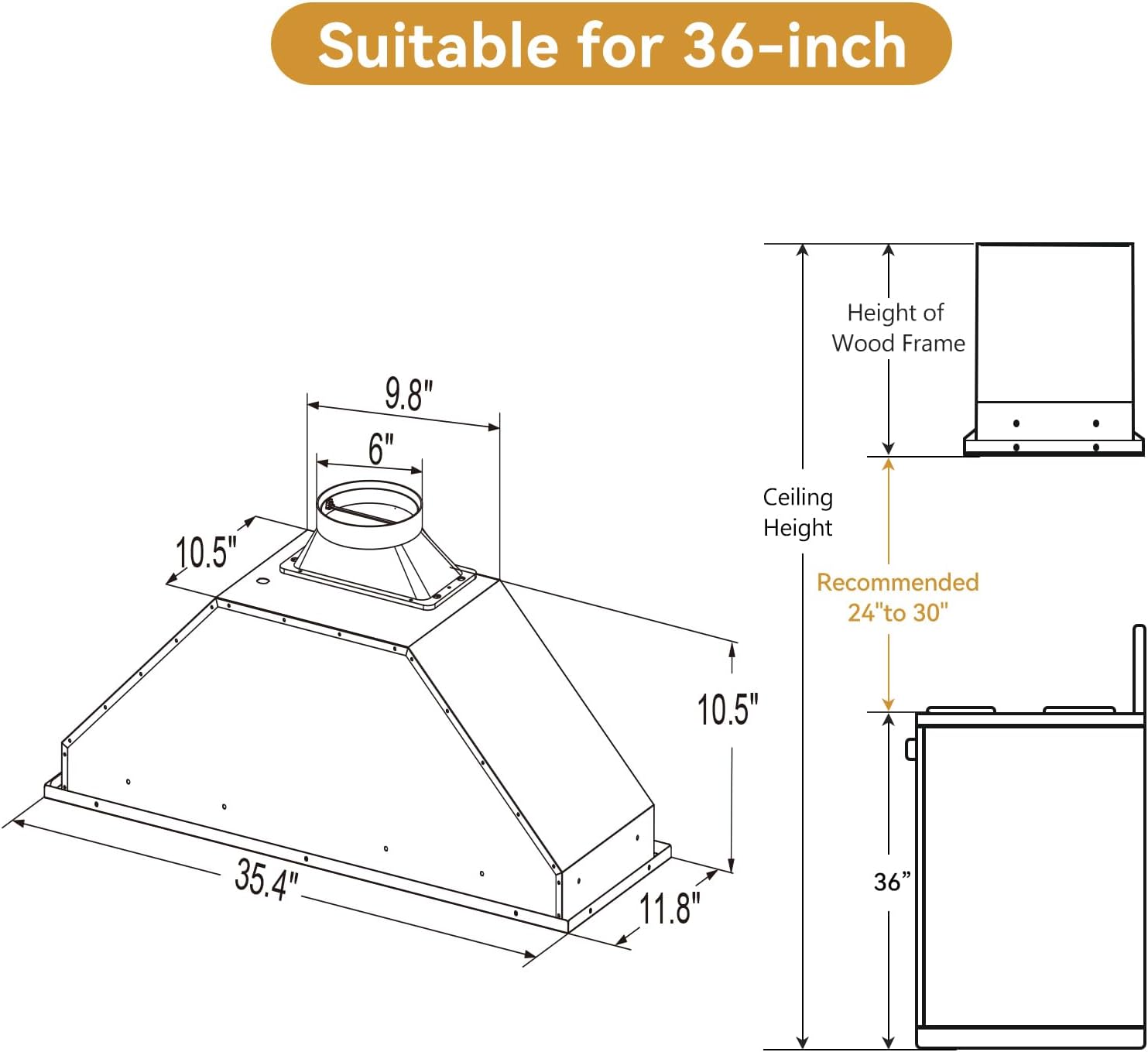 Vikio 36-in Convertible 580-CFM Insert Under Cabinet Range Hood in Stainless Steel, RB10-36 *HD2510, Retail: $219.99, FINAL PRICE: $149.99 + TAX
