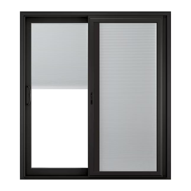 RELIABILT 70-in x 80-in x 4-9/16-in Jamb Black Vinyl Left-hand Sliding Patio Door with Low-E argon Glass with Blinds Item, 719801246431312DR, FINAL PRICE: $899.99