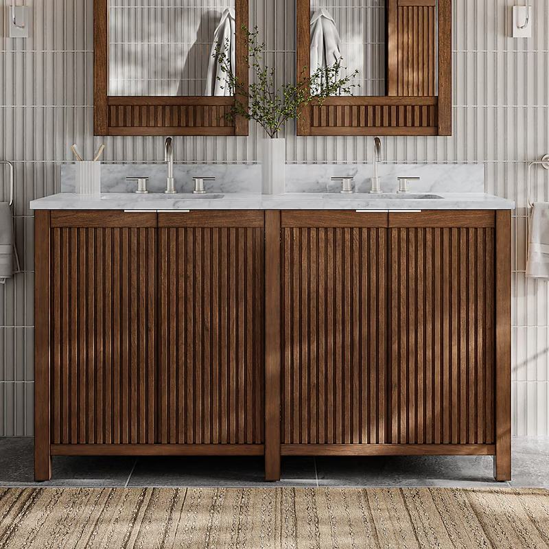 Frank Lloyd Wright USONIA 60-in Cherry Double Sink Bathroom Vanity with Natural Carrara Marble Top, 1601VA-60-295-900-UM, [FB275], FINAL PRICE: $1,299.99, CLEARANCED: $1,099.99 + Tax