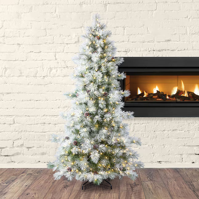 Holiday Living 7.5-ft Flocked Snowy Berkshire Pre-lit Artificial Christmas Tree with White LED Lights