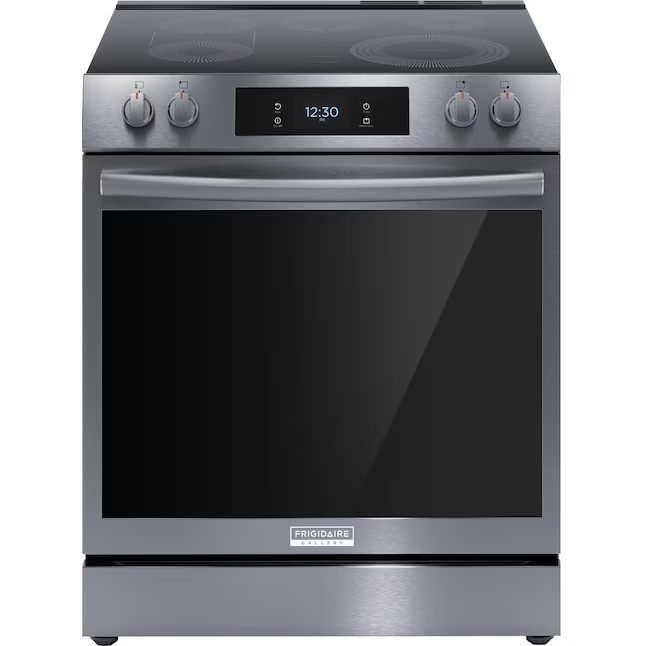Frigidaire Gallery 30-in Glass Top 5 burners 6.2-cu ft Air Fry Convection Oven Slide-In Electric Range (Smudge-Proof Black Stainless Steel), GCFE3060BD *HD2505, Retail: $2,099.00, FINAL PRICE: $999.99 + TAX
