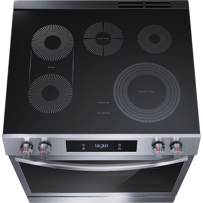 Frigidaire Gallery 30-in Glass Top 5 burners 6.2-cu ft Air Fry Convection Oven Slide-In Electric Range (Fingerprint Resistant Stainless Steel), GCFE3060BF/A *JR2508, Retail: $1,999.00, FINAL PRICE: $859.99 + TAX