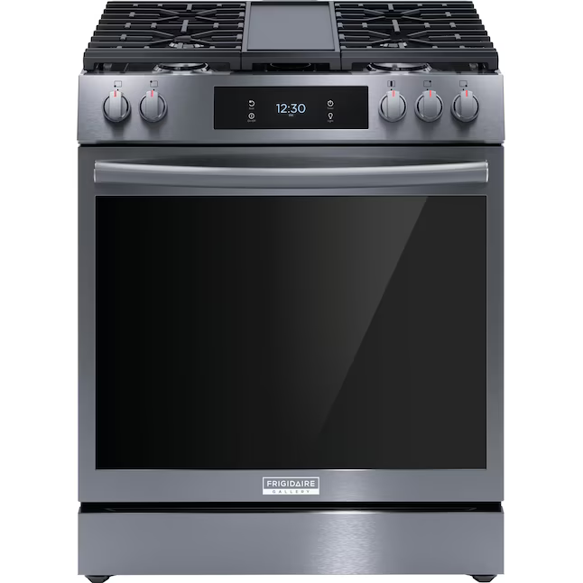 Frigidaire Gallery 30-in 5 burners 6-cu ft Air Fry Convection Oven Slide-In Gas Range (Smudge-Proof Black Stainless Steel), GCFG3060BDC *JR2510, Retail: $2,199.00, FINAL PRICE: $999.99 + TAX