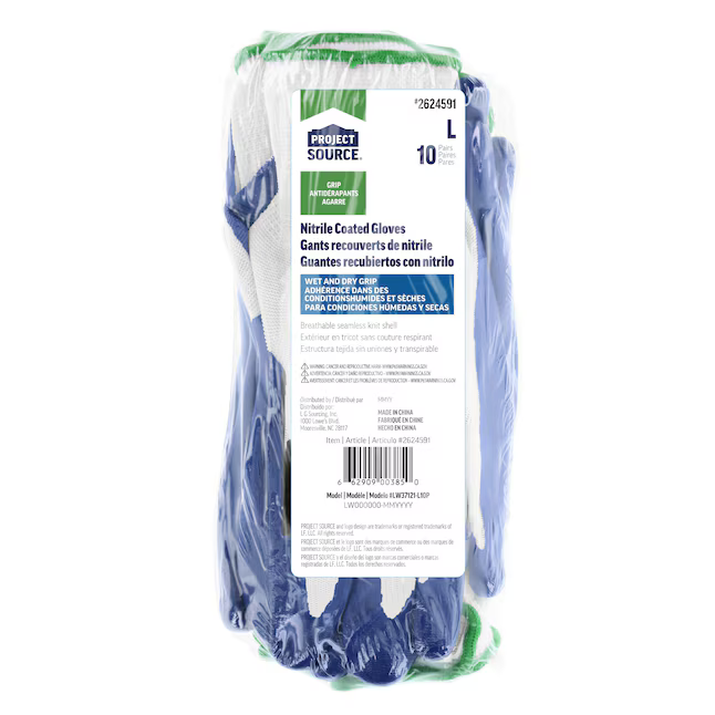 Project Source Large Blue Nitrile Dipped Polyester Gloves 10 pack, LW37121-L10P *JR2512, Retail: $17.98, FINAL PRICE: $8.99 + TAX