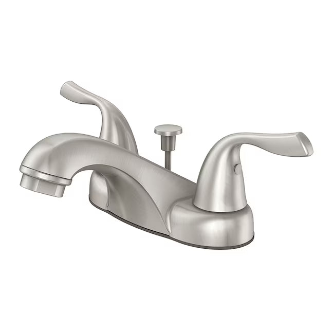 Project Source Webber Nickel 4-in centerset 2-handle WaterSense Low-arc Commercial/Residential Handle Bathroom Sink Faucet with Drain with Deck Plate, 4012460B-L, MSRP: $32.98, FINAL PRICE: $19.99 + TAX