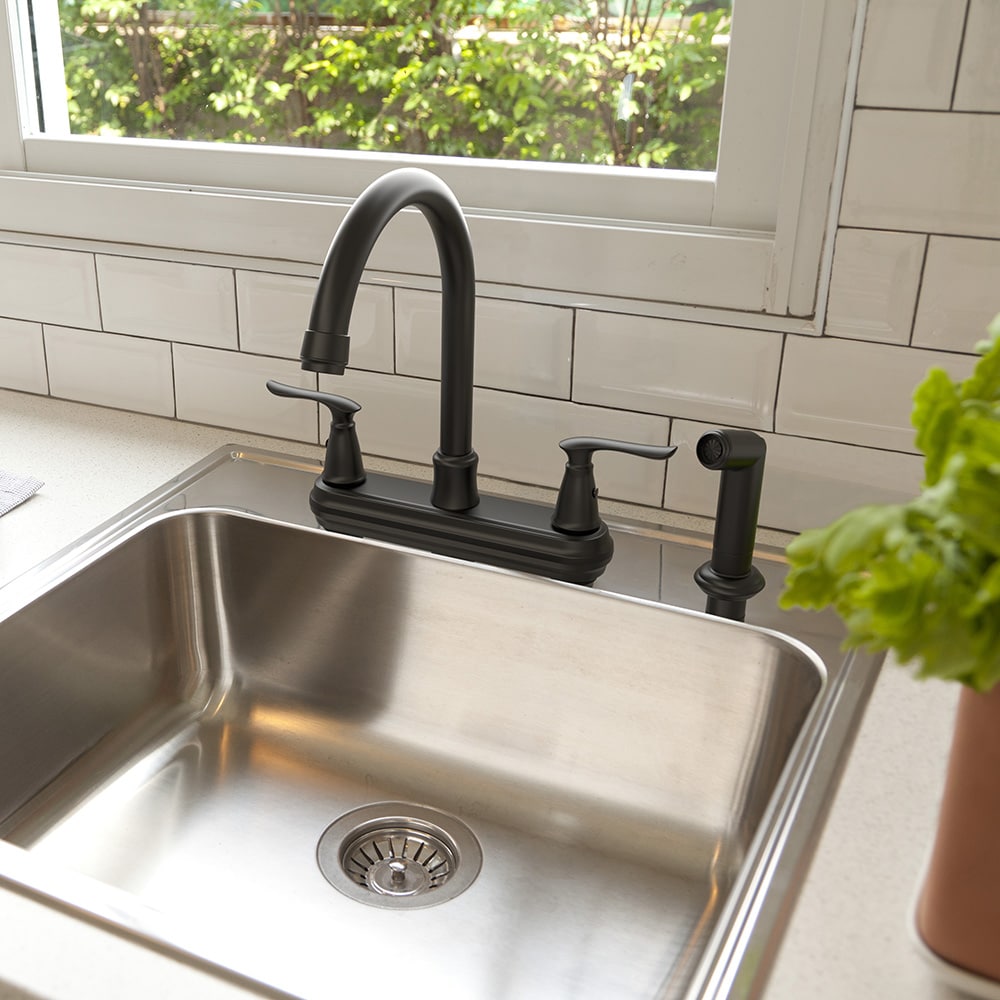 Project Source Laural Matte Black Double Handle Deck-mount Kitchen Faucet (Includes Side Sprayer), RETAIL: $99.00, FINAL PRICE: $54.99 + TAX