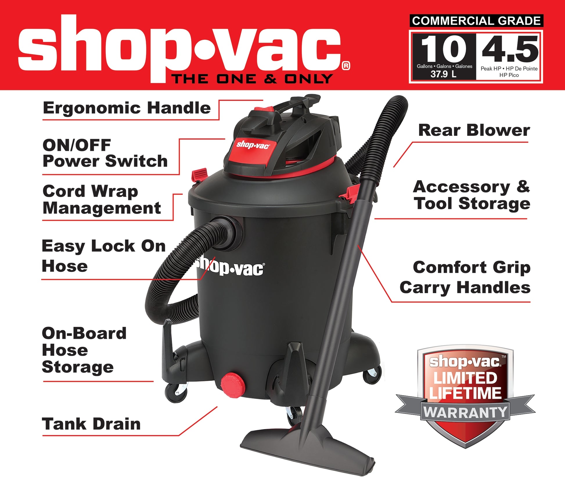 Shop-Vac 10-Gallon 4.5 HP Corded Wet/Dry Shop Vacuum with Accessories Included