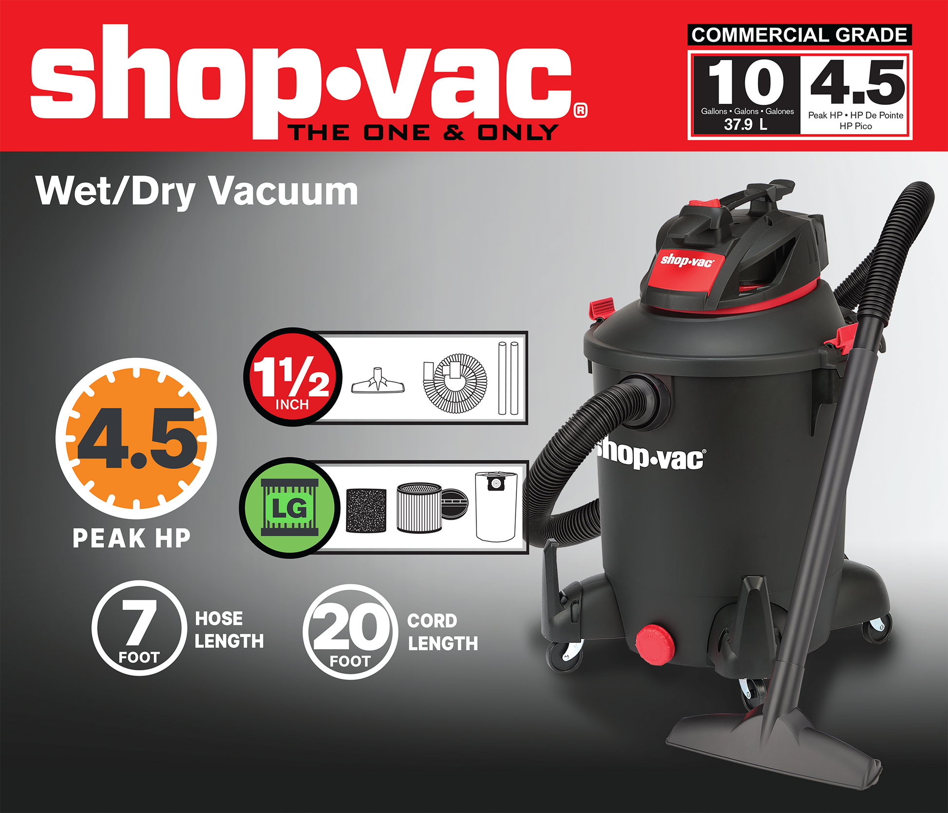 Shop-Vac 10-Gallon 4.5 HP Corded Wet/Dry Shop Vacuum with Accessories Included