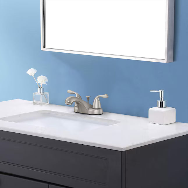 Project Source Webber Nickel 4-in centerset 2-handle WaterSense Low-arc Commercial/Residential Handle Bathroom Sink Faucet with Drain with Deck Plate, 4012460B-L, MSRP: $32.98, FINAL PRICE: $19.99 + TAX