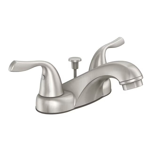 Project Source Webber Nickel 4-in centerset 2-handle WaterSense Low-arc Commercial/Residential Handle Bathroom Sink Faucet with Drain with Deck Plate, 4012460B-L, MSRP: $32.98, FINAL PRICE: $19.99 + TAX