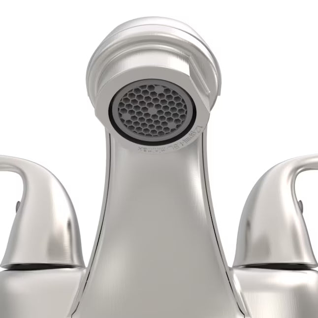 Project Source Webber Nickel 4-in centerset 2-handle WaterSense Low-arc Commercial/Residential Handle Bathroom Sink Faucet with Drain with Deck Plate, 4012460B-L, MSRP: $32.98, FINAL PRICE: $19.99 + TAX
