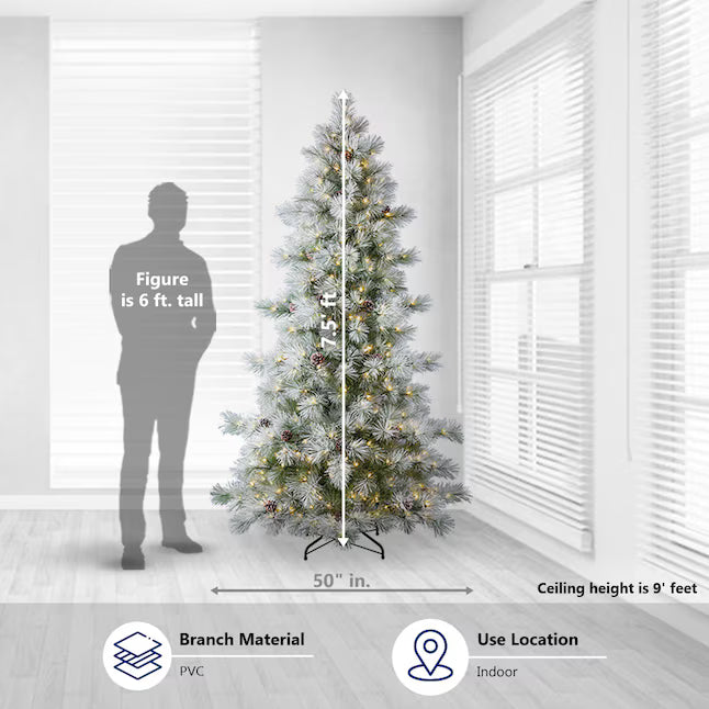 Holiday Living 7.5-ft Flocked Snowy Berkshire Pre-lit Artificial Christmas Tree with White LED Lights