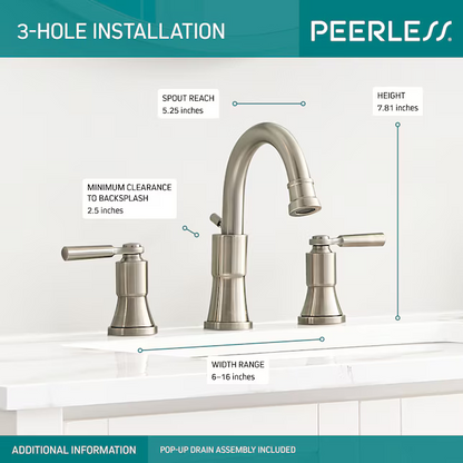 Peerless Westchester Brushed Nickel Widespread 2-handle WaterSense Mid-arc Residential Handle Bathroom Sink Faucet with Drain, P3523LF-BN, 2738742  *JR2503