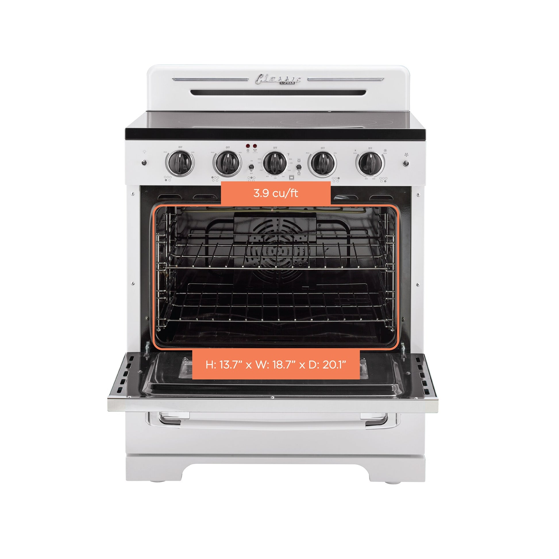 UNIQUE Classic Retro by Unique Classic Retro 30-in Glass Top 5 burners 3.9-cu ft Convection Oven Freestanding Electric Range with WipeClean Coating ( Marshmallow White )