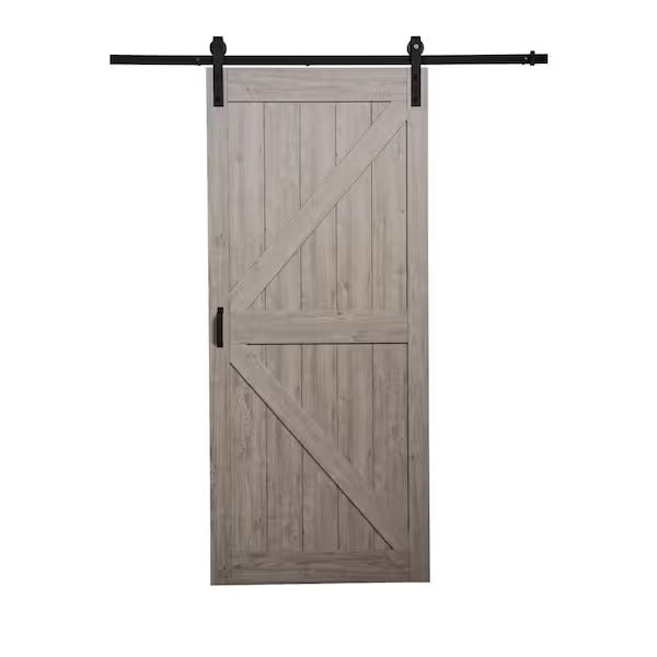 TRUporte K Design 36x84 Ashen Grey Finished MDF Sliding Barn Door with Bent Strap Hardware Kit, [FB296]