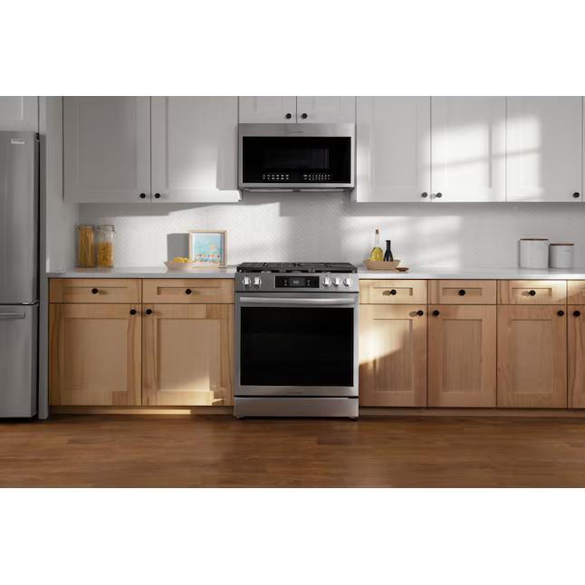 Frigidaire Gallery 30-in 5 burners 6-cu ft Air Fry Convection Oven Slide-In Gas Range (Smudge-Proof Black Stainless Steel), GCFG3060BDC *JR2510, Retail: $2,199.00, FINAL PRICE: $999.99 + TAX