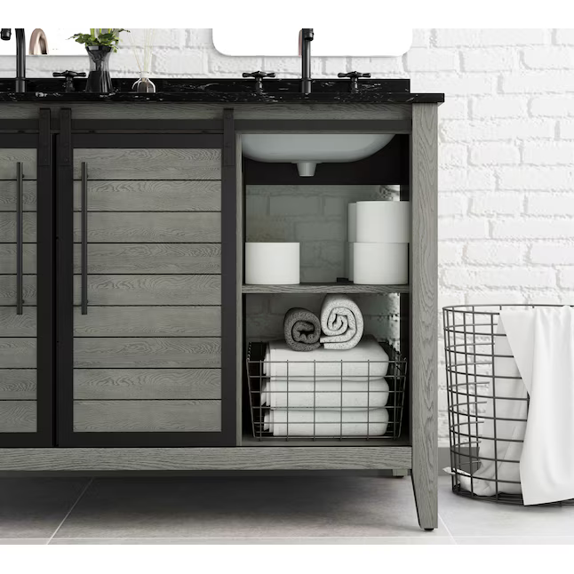 Alpine Reserve Haverhill 48-in Weathered Oak Undermount Double Sink Bathroom Vanity with Black Engineered Marble Top, TJ-0113V4822GR   5288051, Retail: $1,199.00, FINAL PRICE: $569.99 + TAX