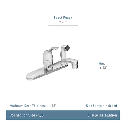 Moen Adler Chrome Single Handle Deck-Mount Handle Commercial/Residential Low-Arc Kitchen Faucet, ( Deck Plate Included ) ( Side Sprayer Included ), CA87554C, 297429  *JR2503