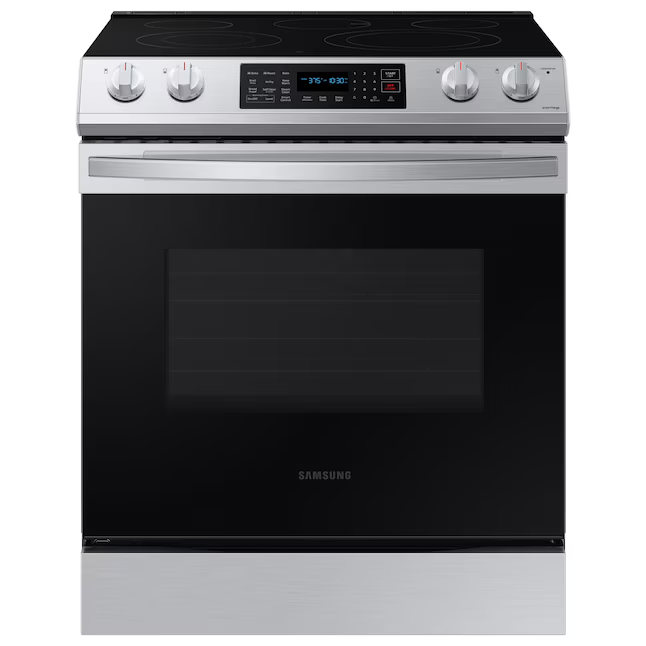 Samsung 30-in Glass Top 5 burners 6.3-cu ft Air Fry Slide-In Electric Range (Fingerprint Resistant Stainless Steel), NE63BG8315SS *BG, MSRP: $1,099.00, FINAL PRICE: $799.99 + TAX