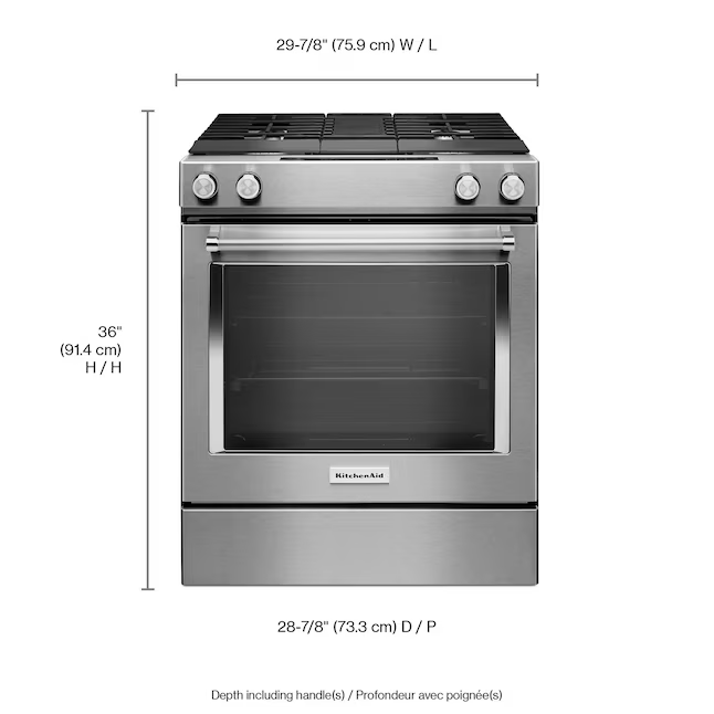 KitchenAid 30-in Standard 4 burners Convection Oven with Downdraft Exhaust Slide-In Dual Fuel Range (Stainless Steel), KSDG950ESS *JR2512, Retail: $4,099.00, FINAL PRICE: $2,199.99 + TAX